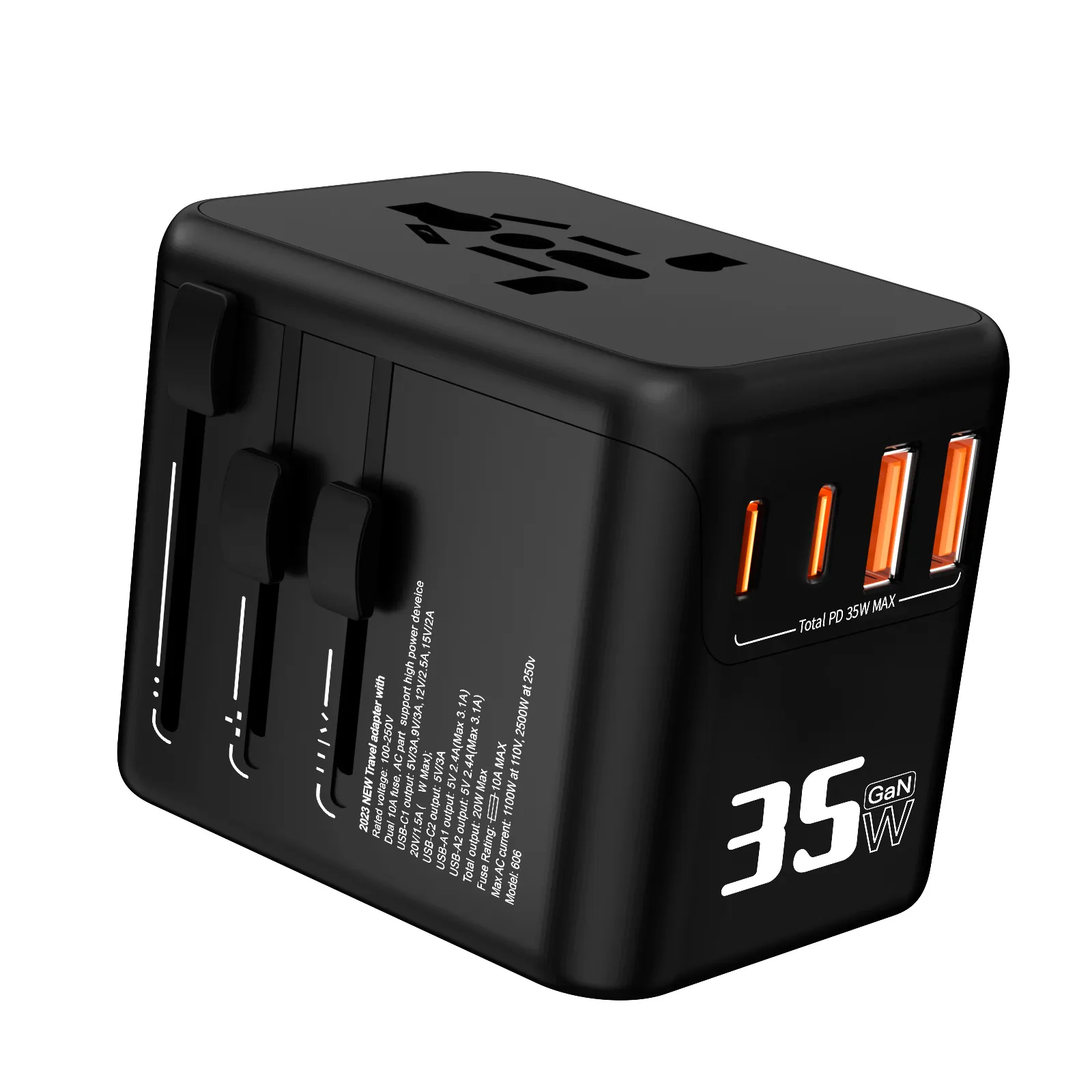 Picture of Global Pass Travel Adapter, one to multiple adapter, multi-port charging Gan35W, 2 USB ports +2 TYPE-C PD fast charging 35W max