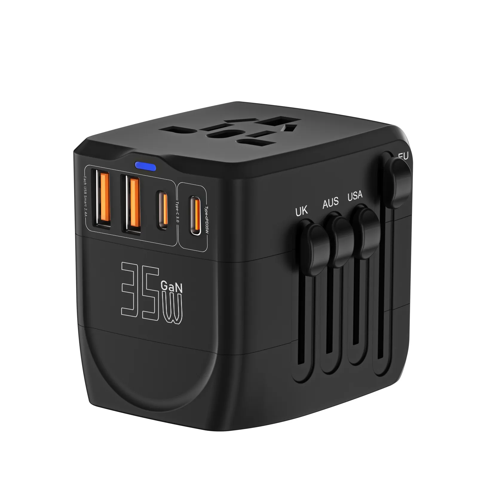 Picture of Global Pass Travel Adapter, one-to-many adapter, multi-port charging Gan35W, 2 USB ports +2 TYPE-C PD fast charging ports