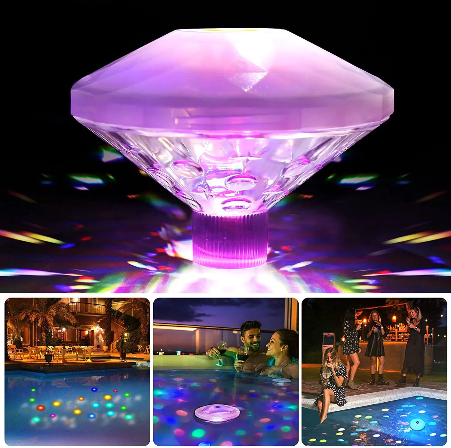 Picture of 2pcs/pot creative LED seven-color swimming pool light, smart dazzling projection light, Diamond projection night light, water float light