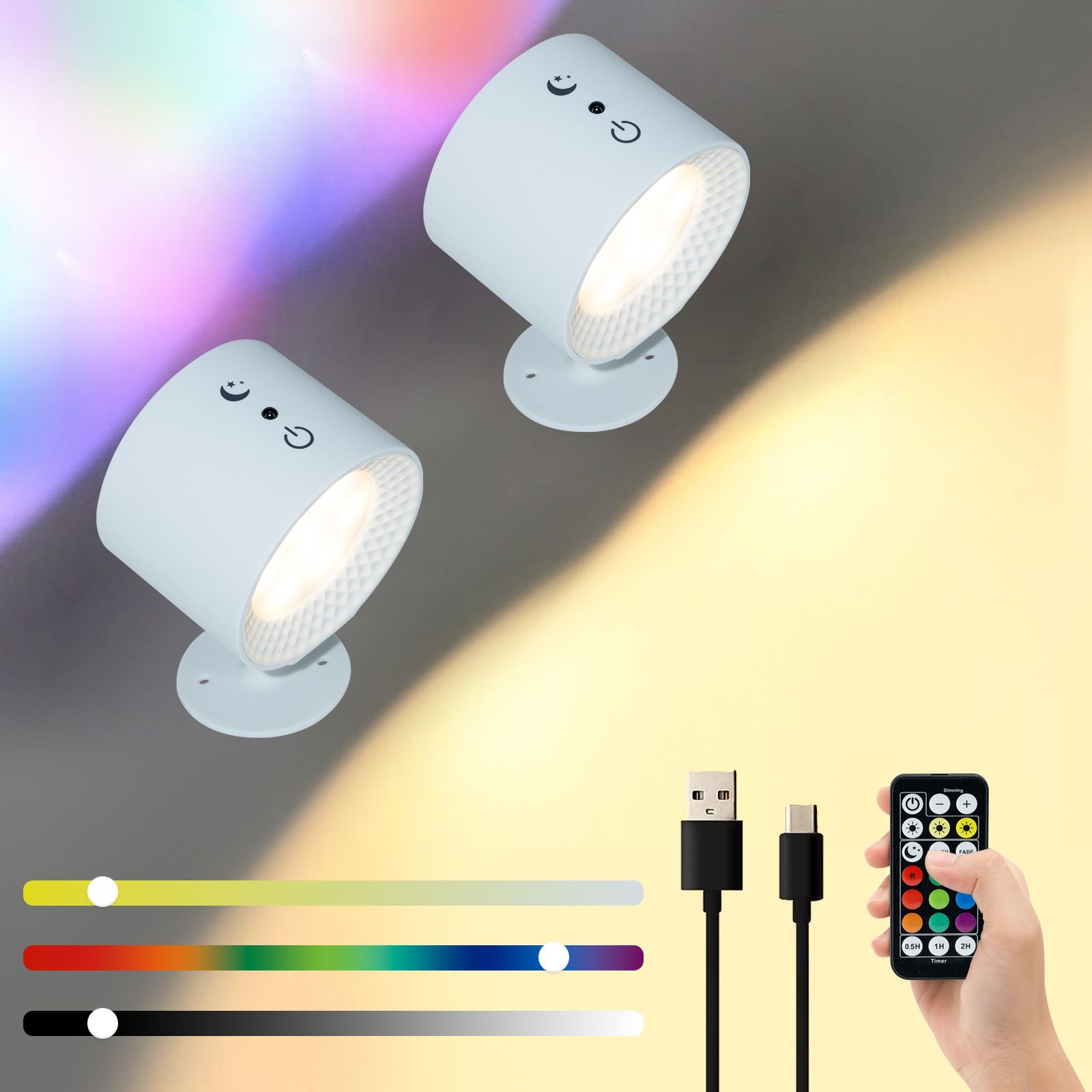 2pcs/pot remote control magnetic touch wall lamp, magnetic wall lamp, 3-color temperature RGB seven-color adjustable, 3CCT indoor wall lamp, remote control night light, USB rechargeable