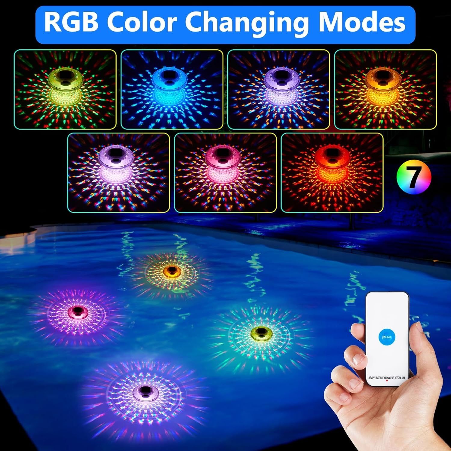 2pcs/pot creative outdoor solar pool light, RGB seven-color remote control projection light, water float night light, rechargeable