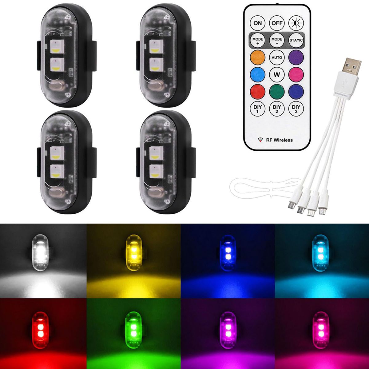 Wireless remote control aircraft light, drone pilot light, universal eight-color flashing warning light for motorcycles and cars, four lights and one remote control