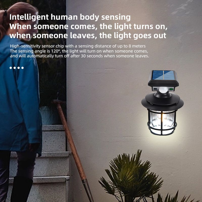 Outdoor solar garden wall lamp, waterproof street lamp, human body sensor wall lamp, road lighting, garden lamp, three-speed adjustable integrated energy board view 2