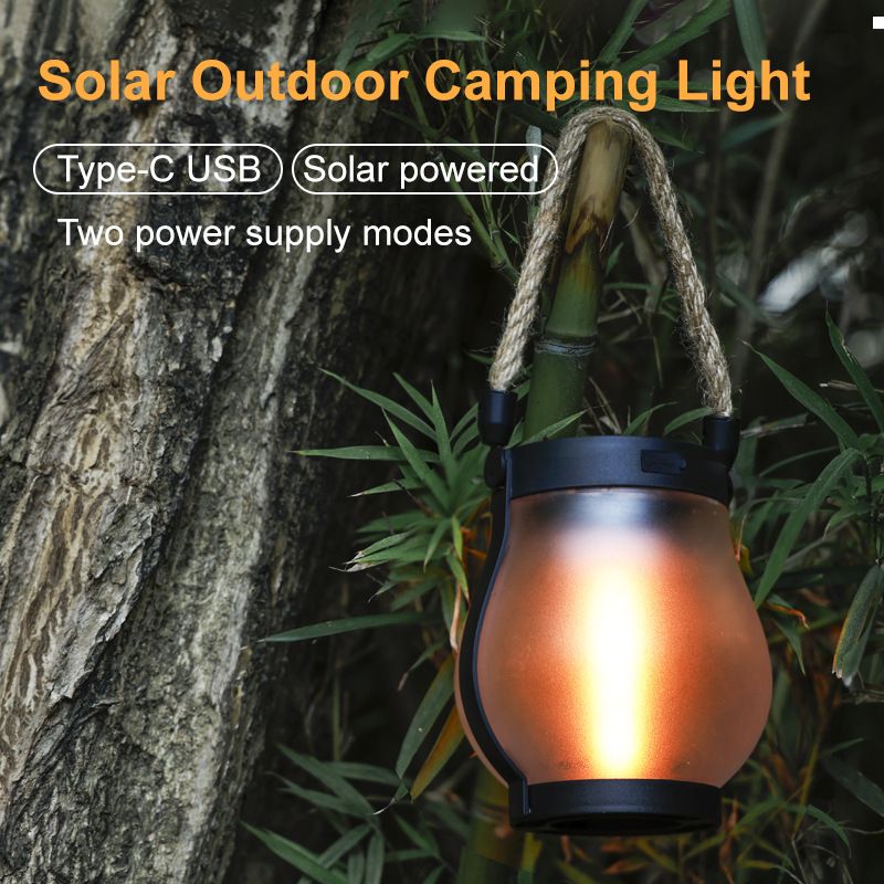 Solar-powered hemp rope flame lamp, outdoor camping lamp, courtyard decoration, multi-functional charging lighting lamp, IPX4 waterproof, solar charging +USB charging
