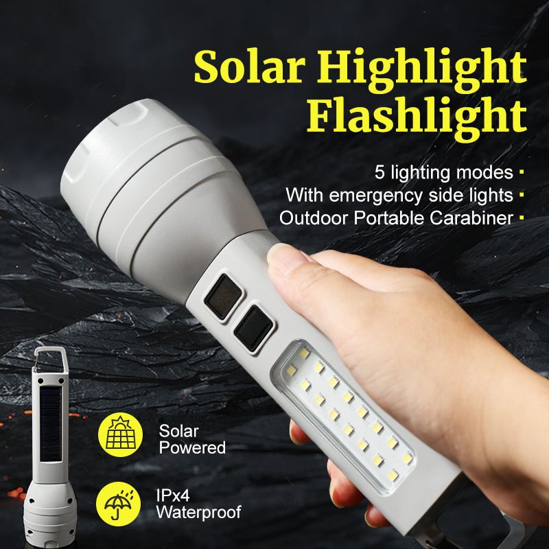 Solar-powered flashlight, portable small flashlight, outdoor multi-functional emergency light Tpye-C, rechargeable, IPX4 waterproof