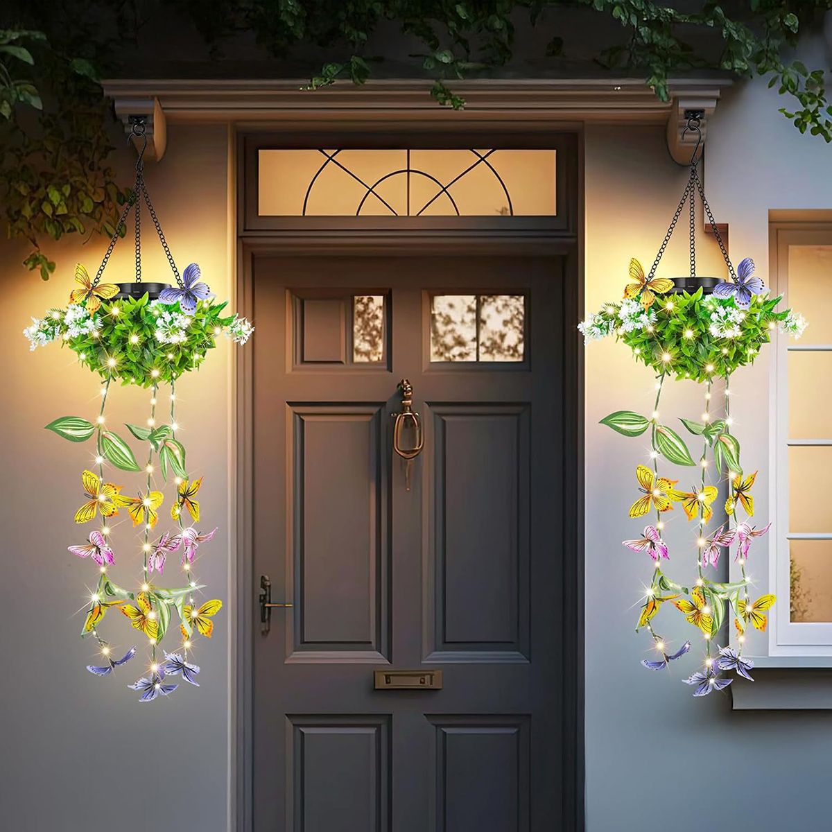 2pcs/pot outdoor artificial plant solar butterfly ivy lamp waterproof artificial hanging plant garden balcony landscape decorative lamp view 2