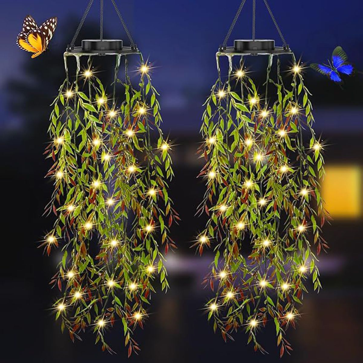 2pcs/pot solar lights, outdoor garden hanging artificial plant willow leaf LED lights, solar waterproof artificial plant lights, rattan string lights