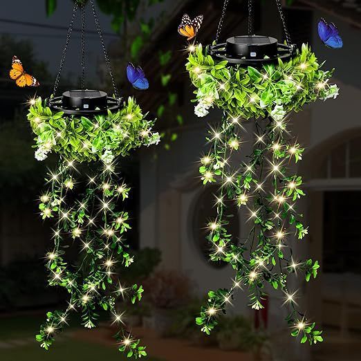 2pcs/pot solar-powered outdoor artificial plant Milan grass lamp, waterproof hanging plant garden balcony decorative landscape lamp