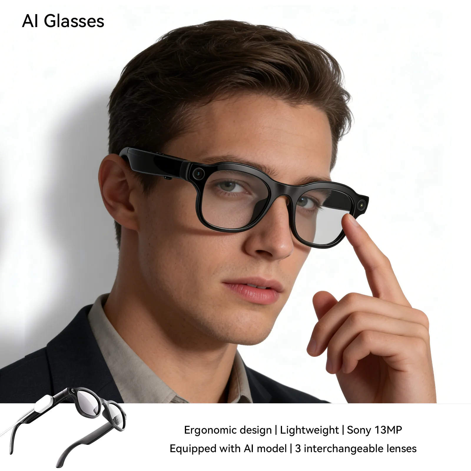 Picture of AI Smart Glasses with 8MP Camera, 16GB Storage & EIS Stabilization - Bluetooth Calling, Large Language Model Support, 3 Interchangeable Lenses, Magnetic Charging, Glossy Black