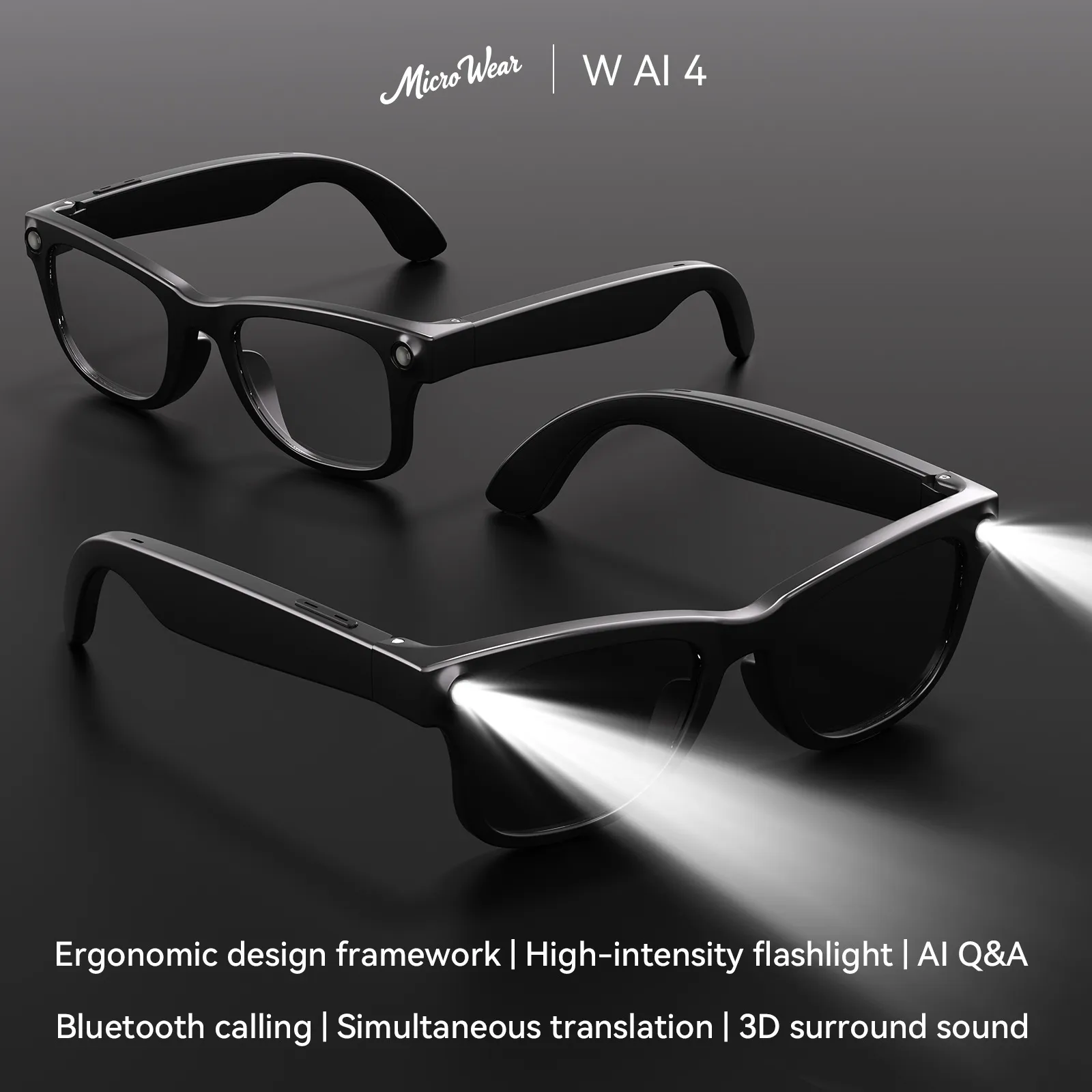 Picture of AI Smart Glasses with ChatGPT AI, Bluetooth Calling, Real-Time Translation & HiFi Dual Speaker Sound - Bright Flashlight, Type-C Fast Charge, Polarized Sunglass Lens, Black
