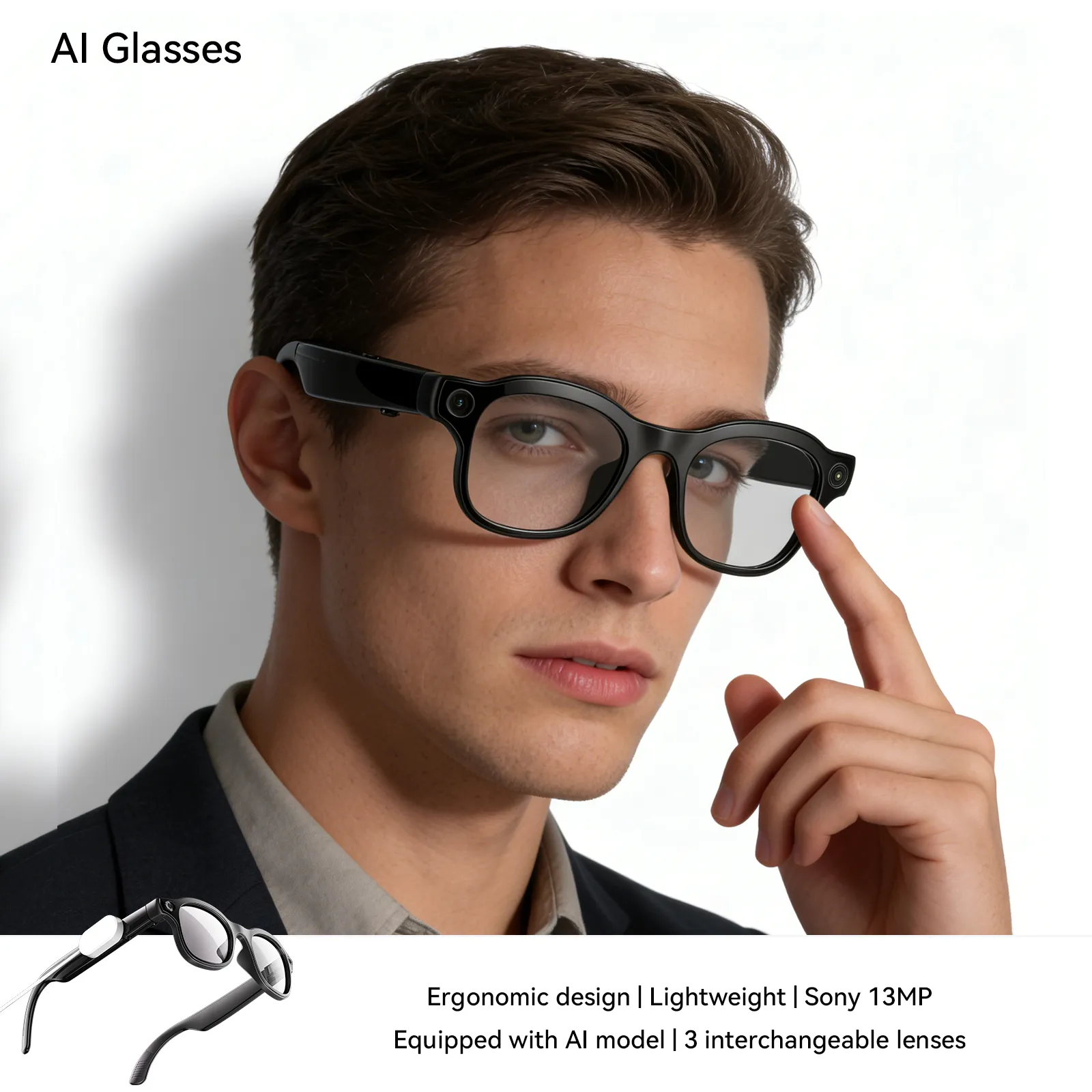 Picture of AI Smart Glasses with ChatGPT, 800MP Camera Photo Video, EIS Anti-shake, Bluetooth Call, Touch Control, 16GB Memory, Wireless Charging, 3 Interchangeable Lenses, Matte Black
