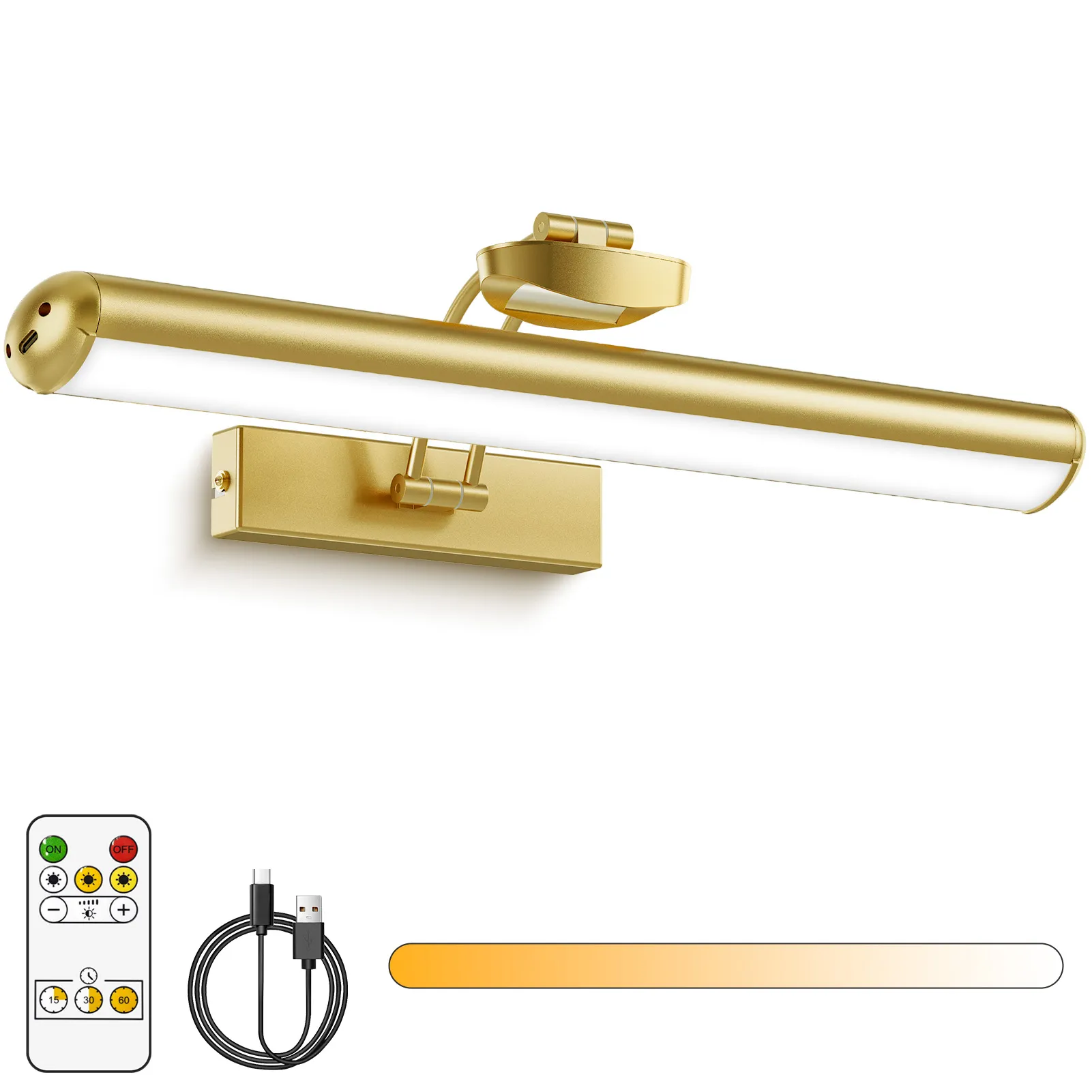 Picture of AIXPI YM-TY   Wall wireless picture light, battery powered wall light, used for painting, rechargeable 3CCT rotatable art gallery light, with remote control adjustable dimming timer, used for displaying art frame dartboard (Gold, 12.6 inches) Single pack
