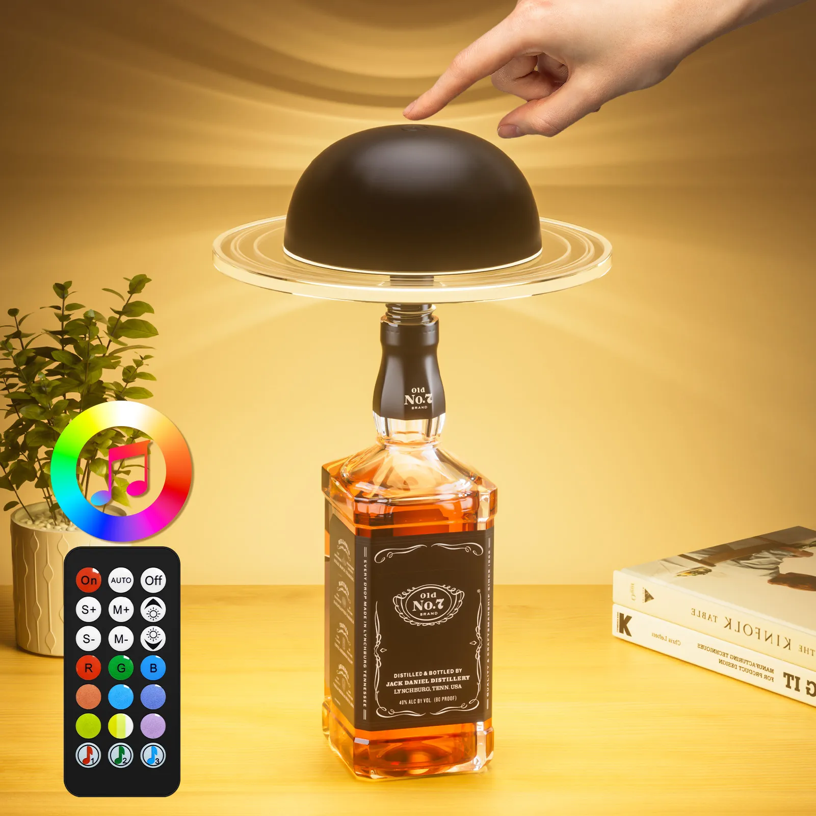 Picture of KIBTOY DX24025-1 Cordless Table Lamp, Portable  Wine Bottle Lamp 2 IN 1 Upgraded, 3600mAh Rechargeable & Dimmable with Remote, Dynamic Music Sync, for Bedroom, Bars, Outdoor Party, Restaurants, Gifts  BLACK（Single packs）