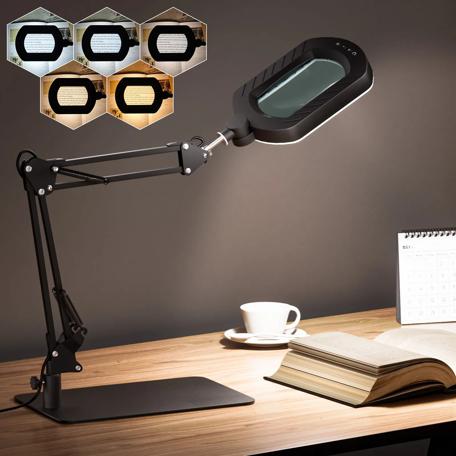 Picture of KIBTOY  12X Square Magnifying Glass with Light and Stand with 144 LEDs Brightiness, 5 Color Modes Hands Free Lighted Magnifying Glass, 10 Dimmable Brightness Magnifying Desk Lamp for Close Work Craft Reading
