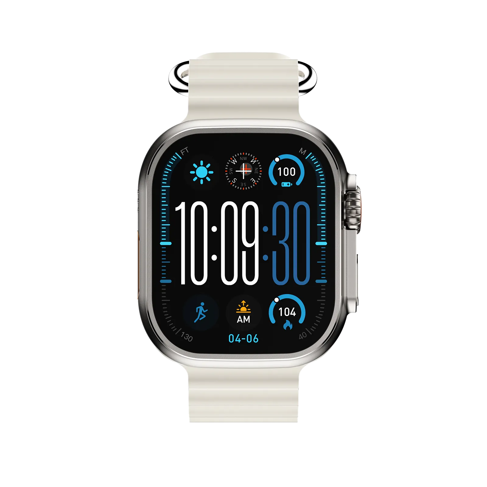 Picture of Titanium Gold ULTRA 5 Pro Smart Watch, sleek zinc alloy casing with 2.0-inch IPS clear display. It supports AI dial creation, noise detection, compass and menu customization, paired with full WhatsApp interaction and offline voice control for smart daily use.