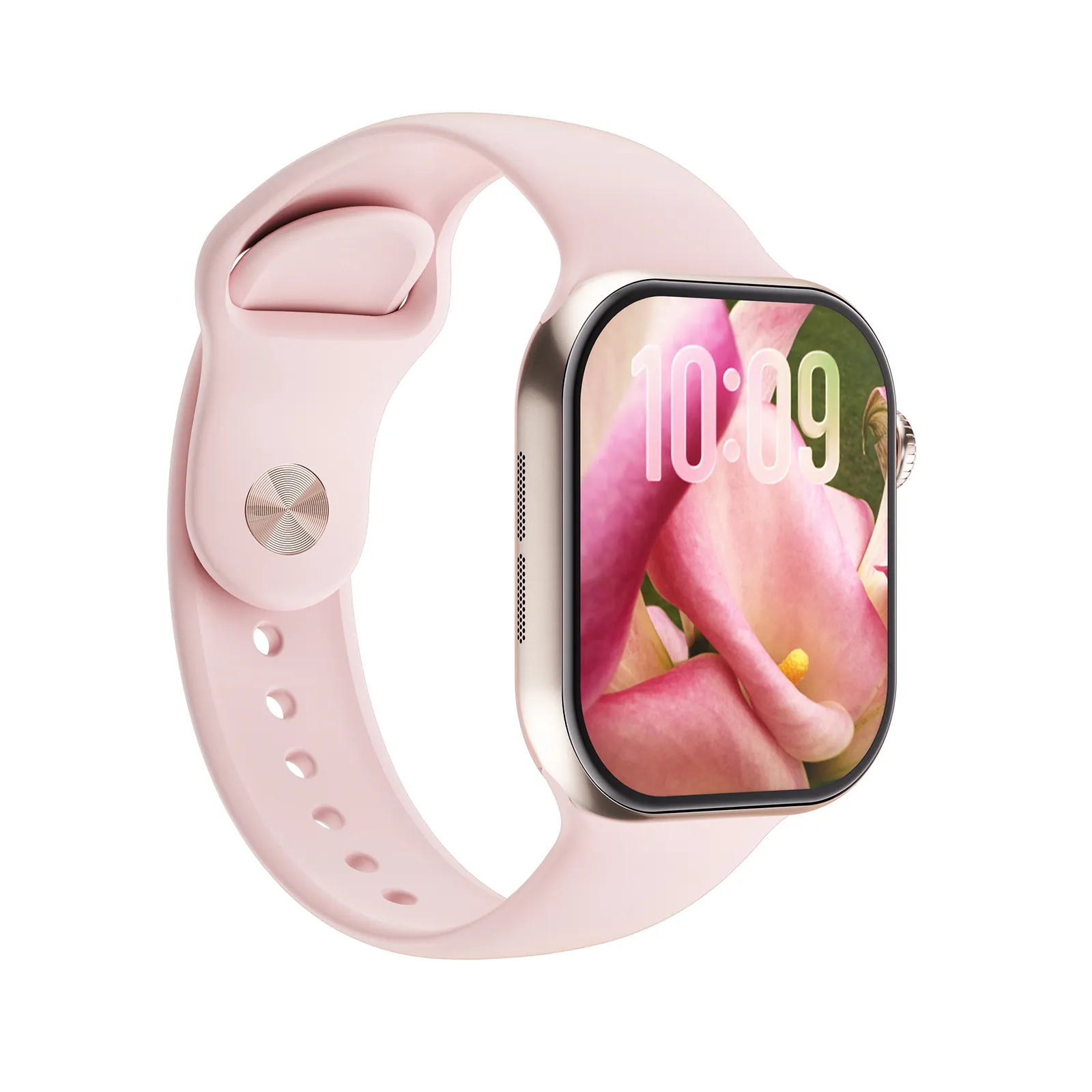 Picture of Rose Gold Watch 11mini fashionable smart watch, slim portable body for daily matching. Comes with 500+ free AI dials, dynamic island display and IP68 swim-proof. Supports message real-time sync, anti-car sickness, 24-hour vital signs tracking and global multi-language adaptation.