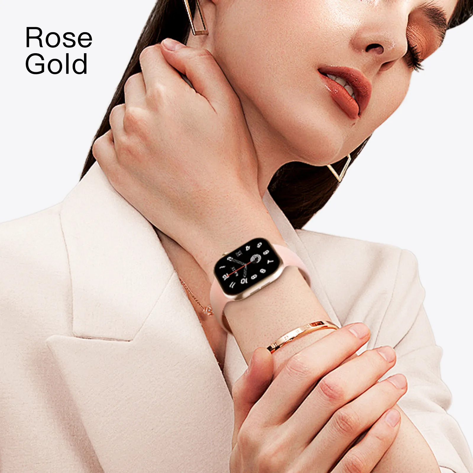 Picture of Rose Gold Watch 11mini fashionable smart watch, slim portable body for daily matching. Comes with 500+ free AI dials, dynamic island display and IP68 swim-proof. Supports message real-time sync, anti-car sickness, 24-hour vital signs tracking and global multi-language adaptation.