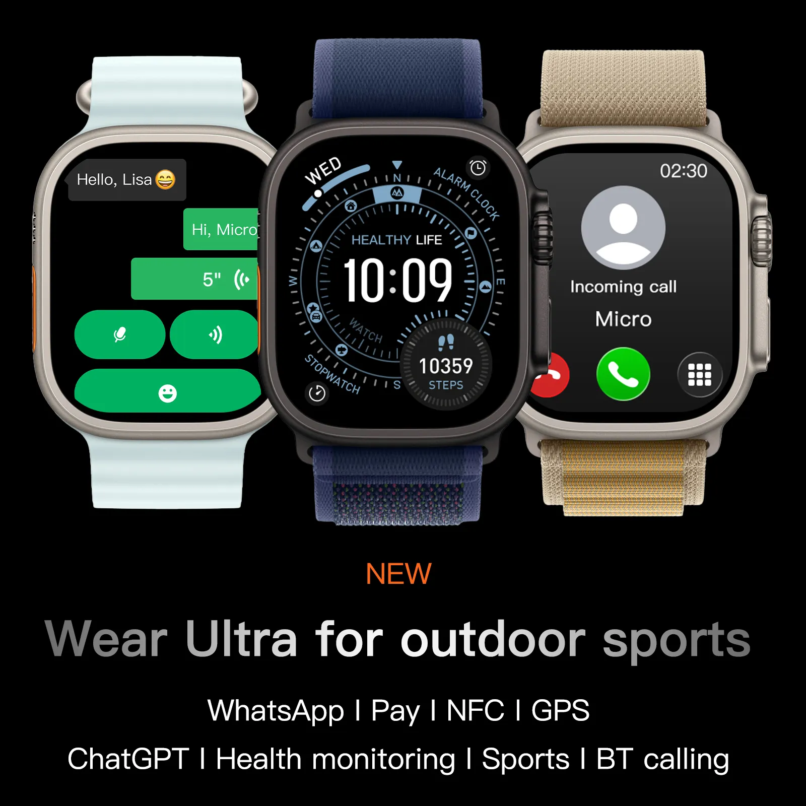 Picture of Samurai Black ULTRA 5 Plus Smart Watch features stunning AMOLED visual presentation. Powered by 350mAh high-capacity battery and dual Bluetooth 5.4/3.0, it supports Hey Michael offline voice, pinch answering, GPS sports tracking, 24H full health monitoring and multi-scene practical functions.