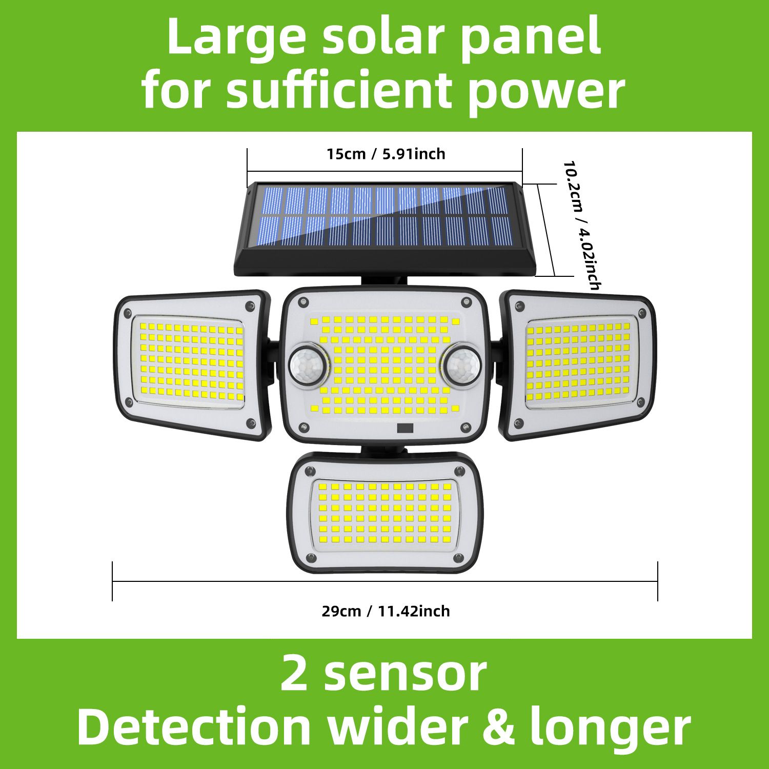 Solar 4-Head Wall Light with Remote, 342 LED Super Bright Outdoor Security Lamp, Dual Sensor (Photocell+PIR), 2000mAh Battery, 3 Modes (Motion/Standby/Constant), Waterproof for Garden, Garage, Pathway