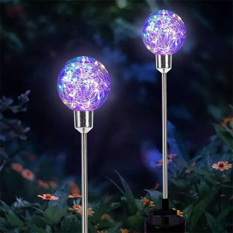 Picture of 2pcs/pot Solar Outdoor String Lights, 30LED Round Ball Copper Wire Stake Light with Waterproof IP65, Garden Pathway Lawn Decorative Lamp for Patio Yard